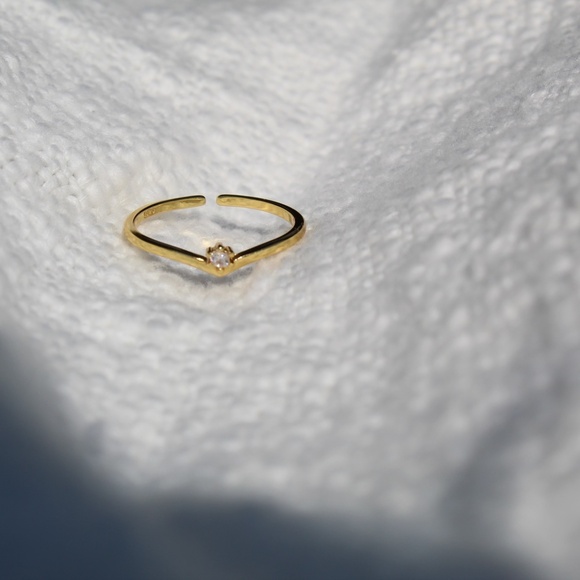 Sterling Silver "V" Shaped Stacking Gold Ring with Single Simulated Diamond - Picture 7 of 14